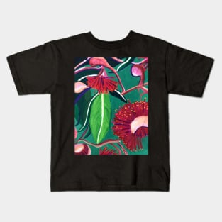 Native Australian Gum Flowers and Leaves Design in Red and Green by Leah Gay Kids T-Shirt